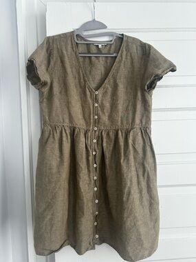Madewell Button-Front Short Sleeve Linen Dress - Olive Brown